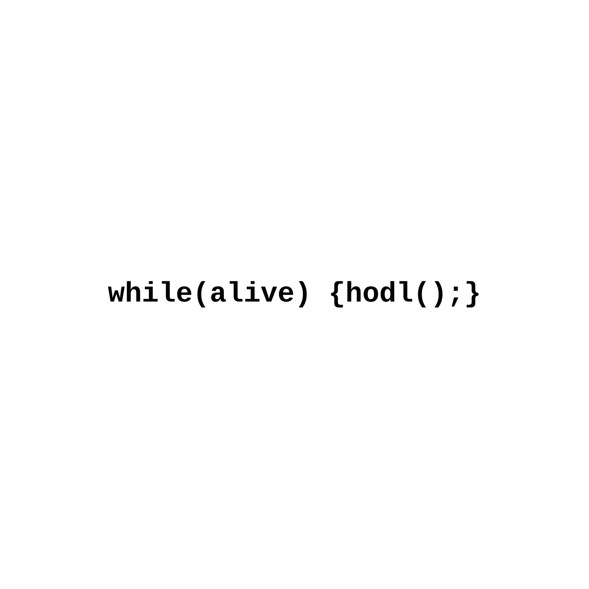 The line "while(alive) {hodl();}" in bold black monospace type on a white field.